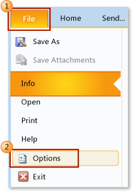 Scelta di file, opzioni di Outlook 2010