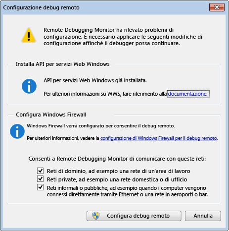 Finestra di dialogo per la configurazione del debug remoto