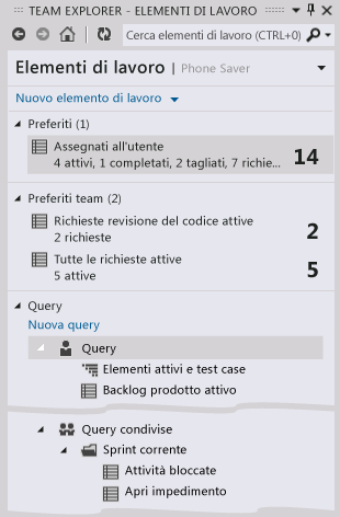 Preferiti e query elemento di lavoro in Team Explorer