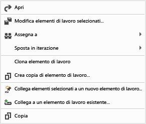 Menu di scelta rapida Elemento di lavoro di Team Web Access