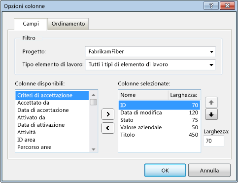 Opzioni colonne query di esempio