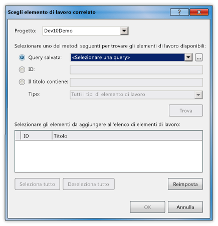 Finestra di dialogo Scegli elementi di lavoro collegati