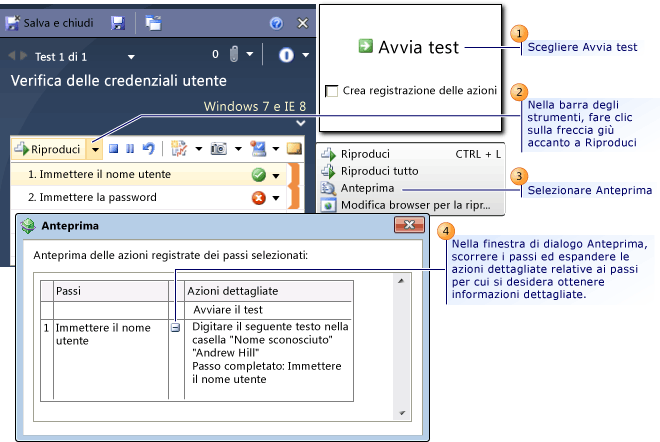 Visualizzare in anteprima i passi delle azioni in un test caricato