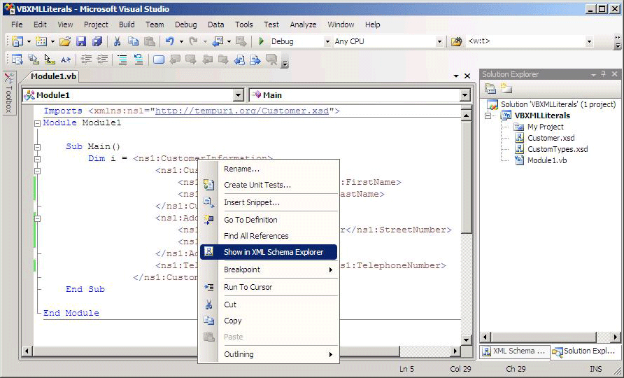 Valori letterali XML di Visual Basic; XML Schema Explorer