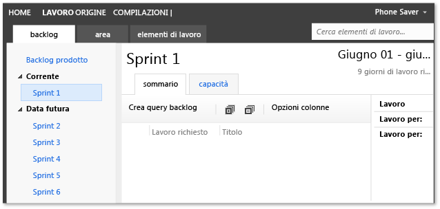 Backlog sprint prima dell'aggiunta di lavoro