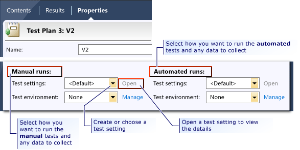 Impostazioni test di Microsoft Test Manager nel piano di test