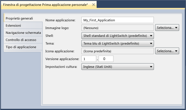 Finestra di progettazione dell'applicazione LightSwitch