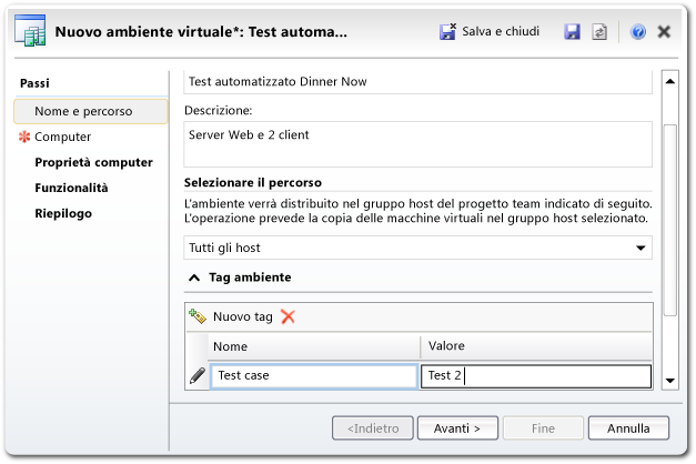 Creazione guidata dell'ambiente di Lab Management - pagina relativa ai nomi