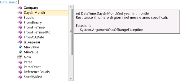 Esempio di IntelliSense