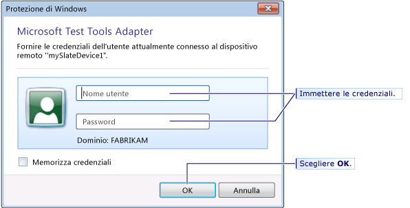 Credenziali necessarie se l'accesso è stato effettuato come un altro utente