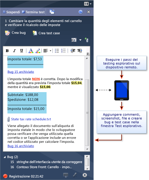 Test su dispositivo, commento nella finestra Test esplorativo