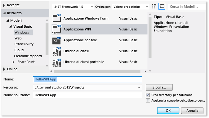 Creare un progetto WPF in Visual Basic denominato HelloWPFApp