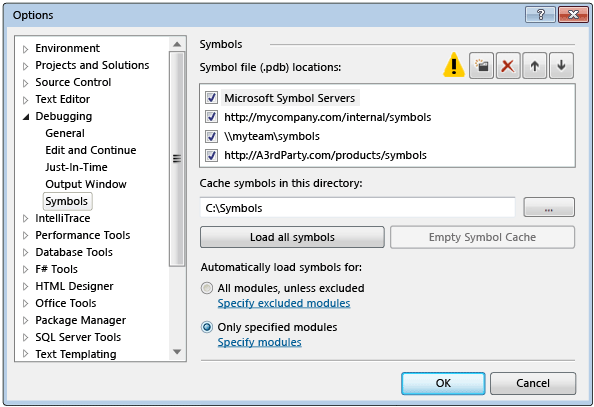 Strumenti - Opzioni - Debug - pagina Simboli