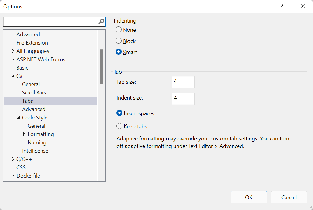 Text Editor tab setting