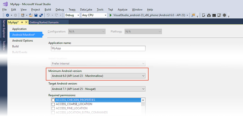 Minimum Android to target option set to Compile using SDK version