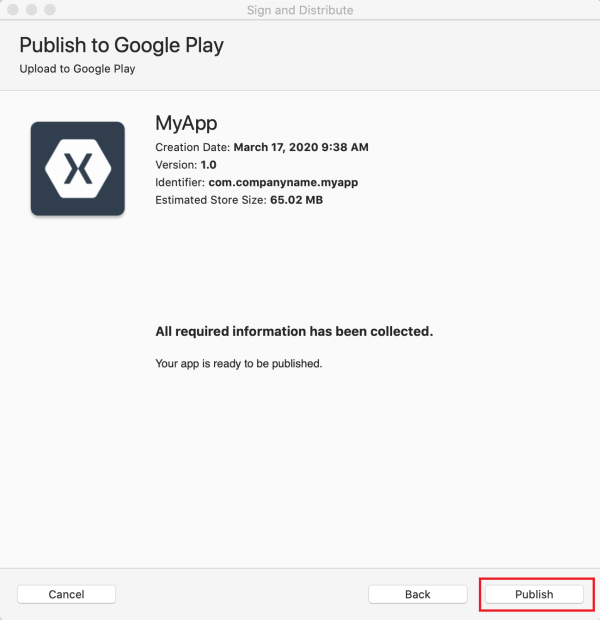 Publish to Google Play dialog