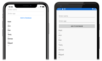 Screenshot della persistenza dei dati del database SQLite.NET locale, in iOS e Android