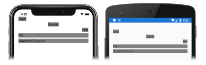 Screenshot delle visualizzazioni figlio in un controllo StackLayout, con opzioni di allineamento ed espansione impostate, in iOS e Android
