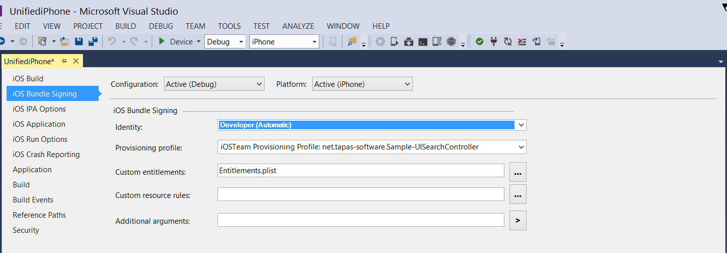 The Signing Identity and the Provisioning Profile set to the default values of Automatic