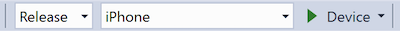 Screenshot della barra degli strumenti di Visual Studio che mostra la configurazione della soluzione impostata per il rilascio, la piattaforma della soluzione impostata su iPhone e la destinazione impostata su dispositivo.