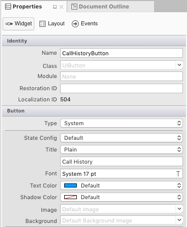 Modificare il nome del pulsante in CallHistoryButton e modificare il titolo in Call History