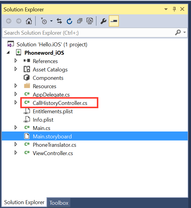 Il file CallHistoryController.cs viene visualizzato nel riquadro della soluzione