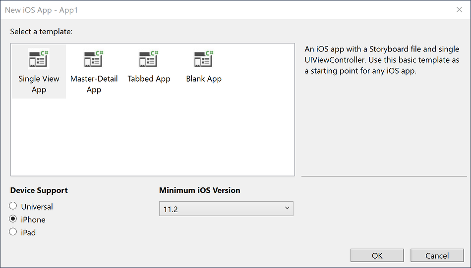 Selecting the template for an iOS app