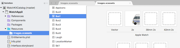 L'esempio WatchKitCatalog include una serie di immagini numerate nel progetto dell'app watch con il prefisso Bus