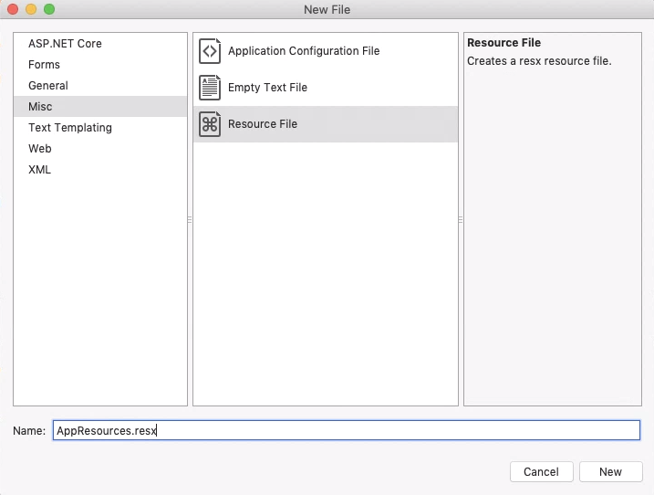 Aggiungere una nuova risorsa in Visual Studio 2019 per Mac