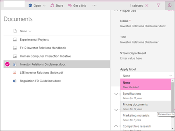 Applicare l'elenco di etichette per un elemento in SharePoint.