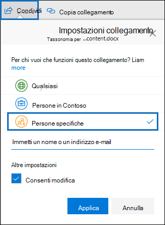 Solo i file condivisi con persone specifiche verranno restituiti da una query di ricerca che utilizza la proprietà SharedWithUsersOWSUser.