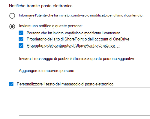 Opzioni di notifica tramite posta elettronica.