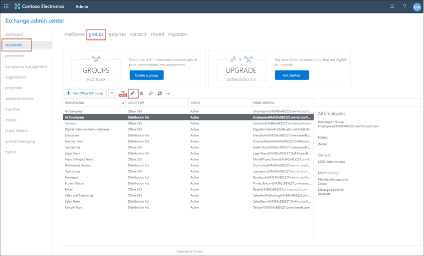 Interfaccia di amministrazione di Exchange.