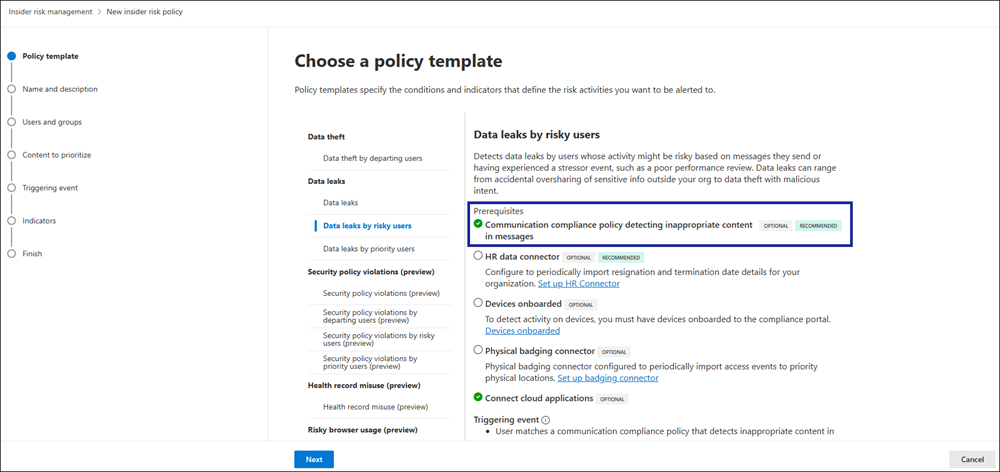 Opzione di conformità delle comunicazioni selezionata nel modello di gestione dei rischi Insider