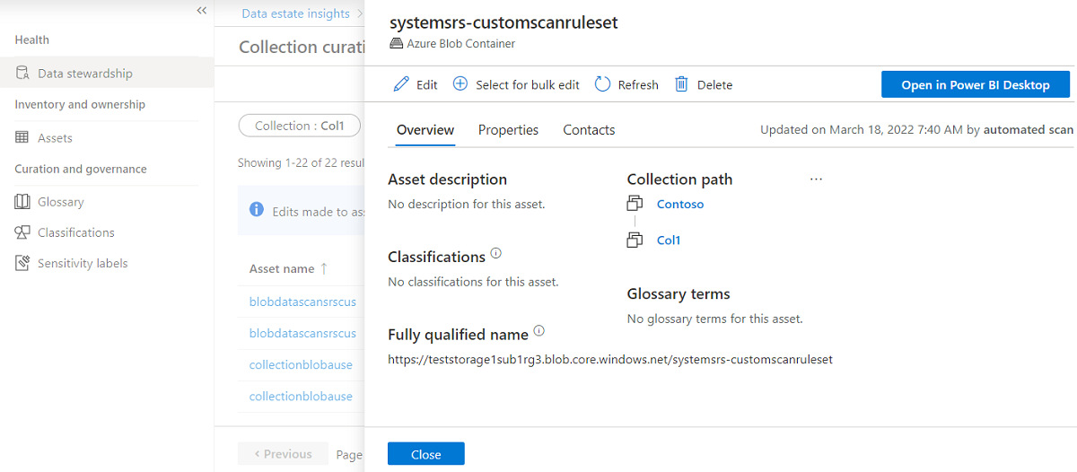 Screenshot della pagina dell'elenco di asset, con un asset selezionato e il menu di modifica aperto.