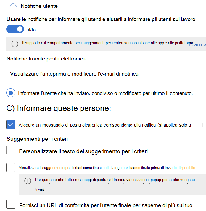 Opzioni di configurazione delle notifiche utente e dei suggerimenti per i criteri disponibili per Exchange, SharePoint, OneDrive, Chat e canale di Teams e Defender per le app cloud