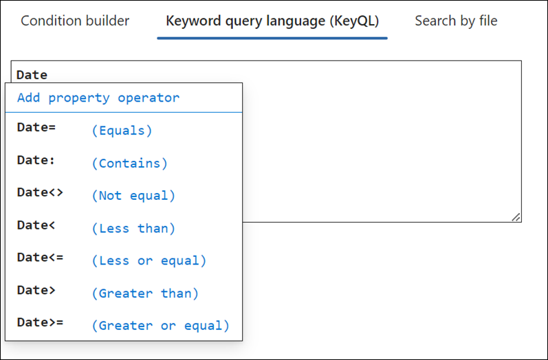 L'editor KeyQL suggerisce gli operatori