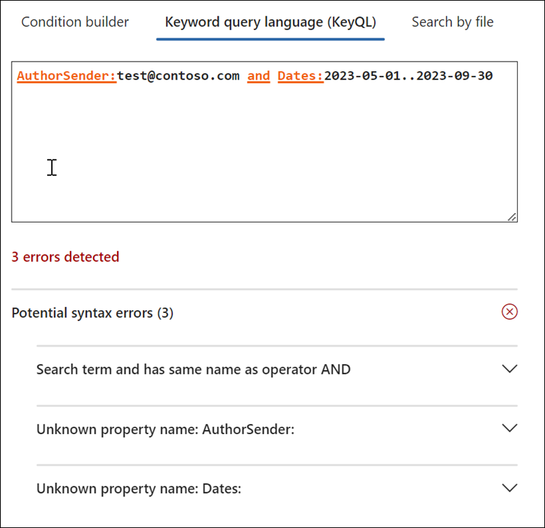 Rilevamento degli errori dell'editor KeyQL