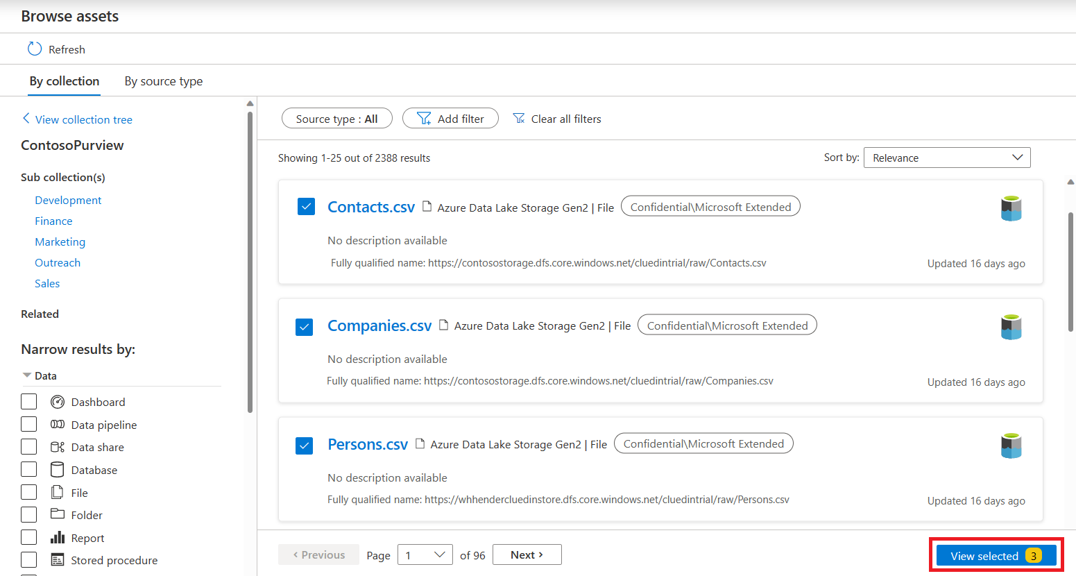 Screenshot dell'elenco di asset con il pulsante Visualizza selezionato evidenziato.