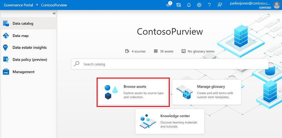 Screenshot della finestra del portale di governance di Microsoft Purview del catalogo con il pulsante Sfoglia asset evidenziato.