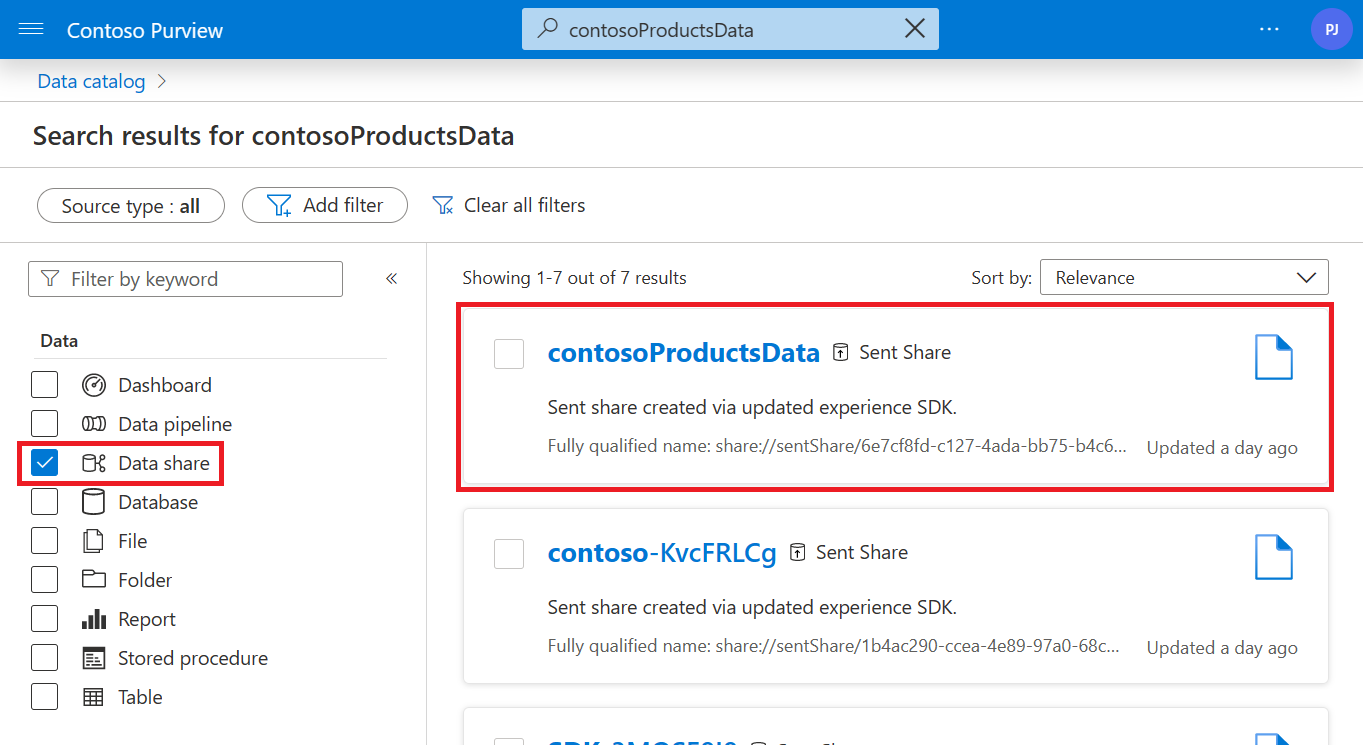 Screenshot della ricerca nel catalogo dati, che mostra il filtro di condivisione dati selezionato e una condivisione evidenziata.