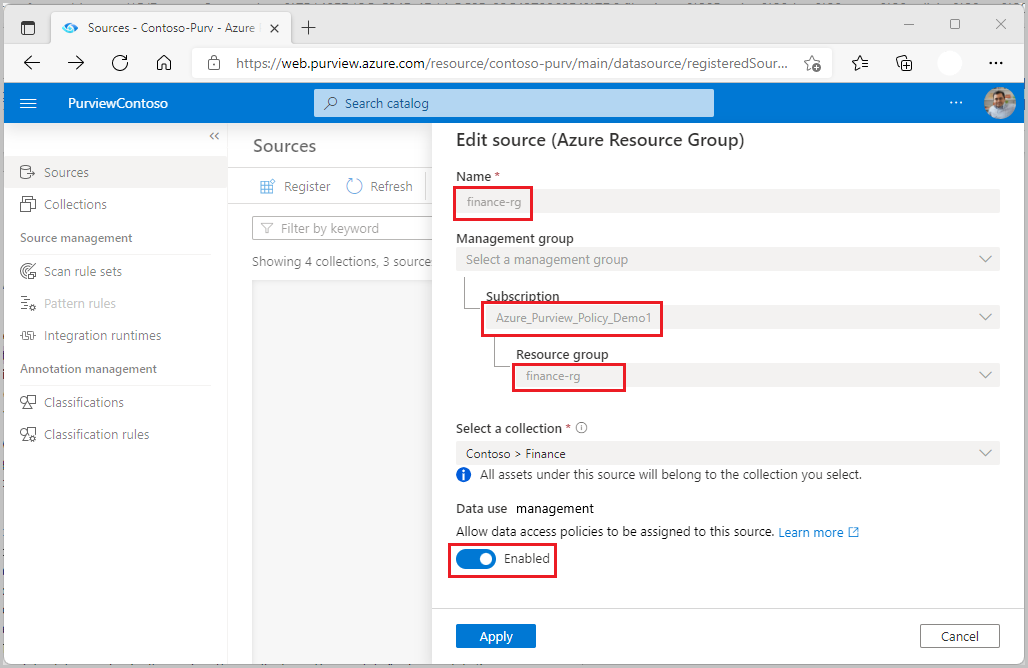 Screenshot che mostra come registrare un'origine dati per i criteri con l'opzione Data use management set da abilitare.