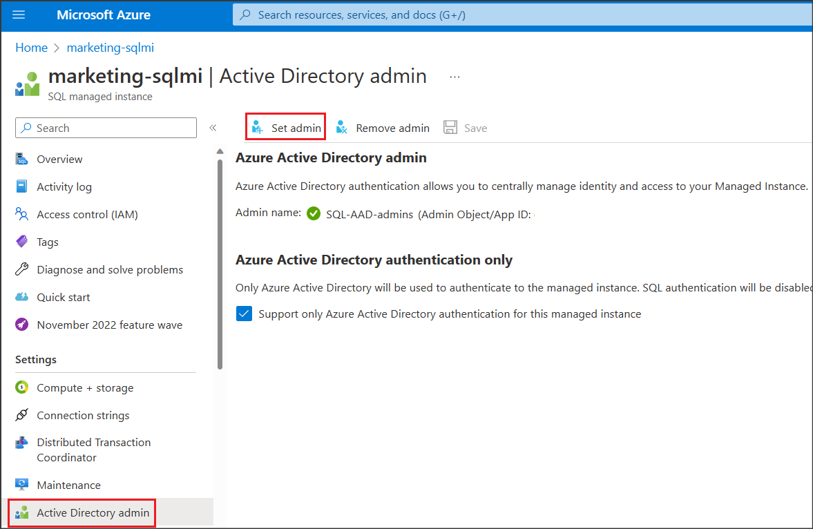 Screenshot che mostra come assegnare Microsoft Entra Amministrazione in Azure SQL MI.