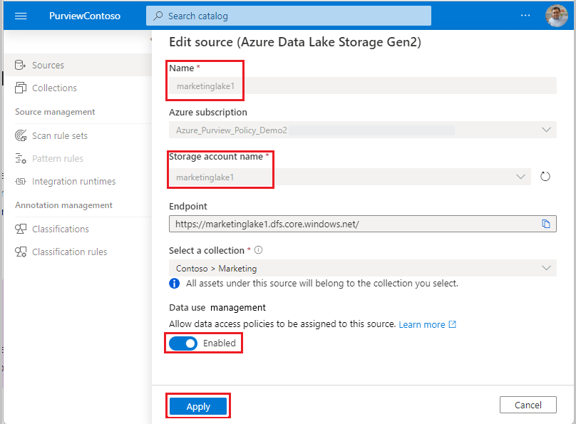 Screenshot che mostra come registrare un'origine dati per i criteri con l'opzione Data use management set per abilitare