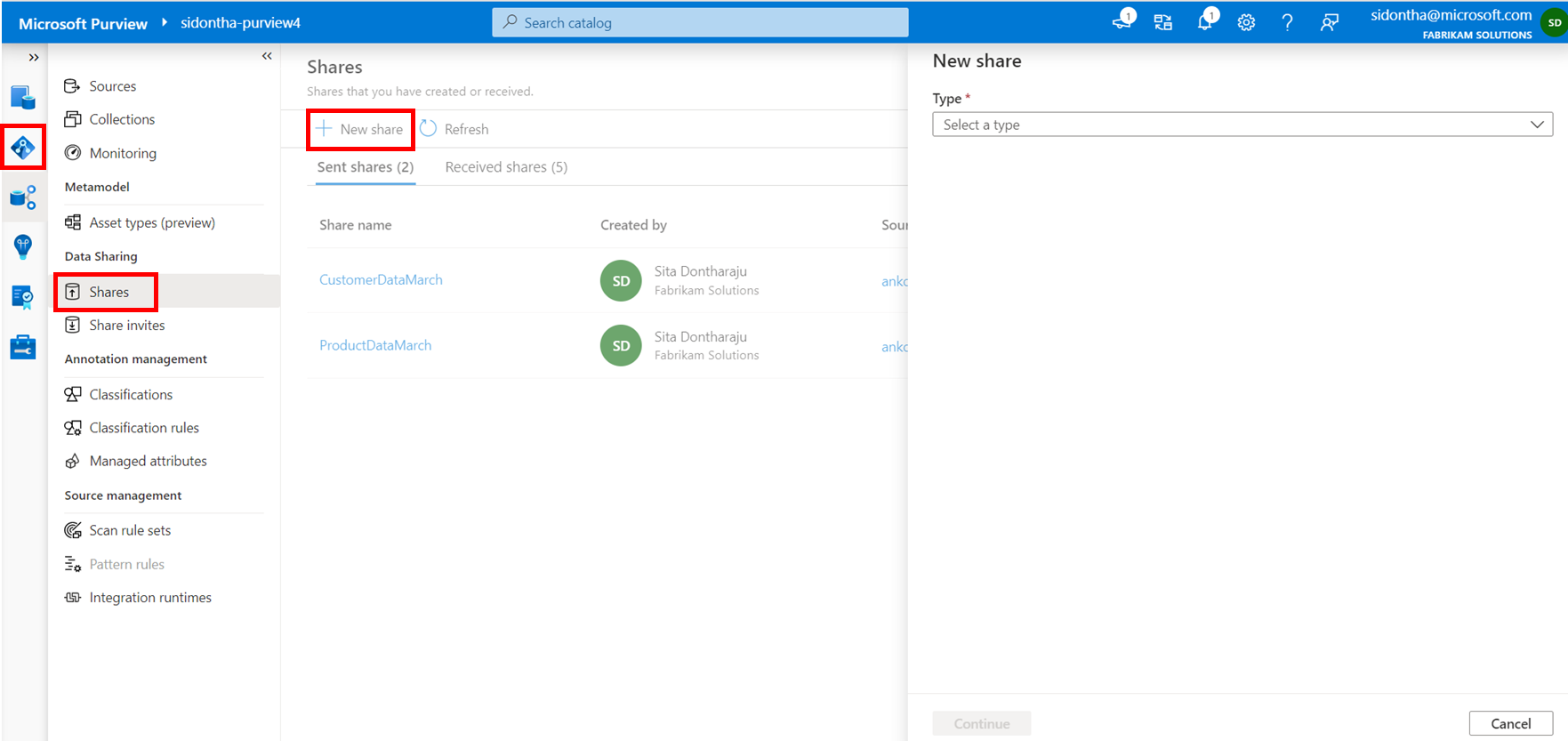 Screenshot che mostra la mappa dati del portale di governance di Microsoft Purview con mapping dei dati, condivisioni e nuova condivisione evidenziati.