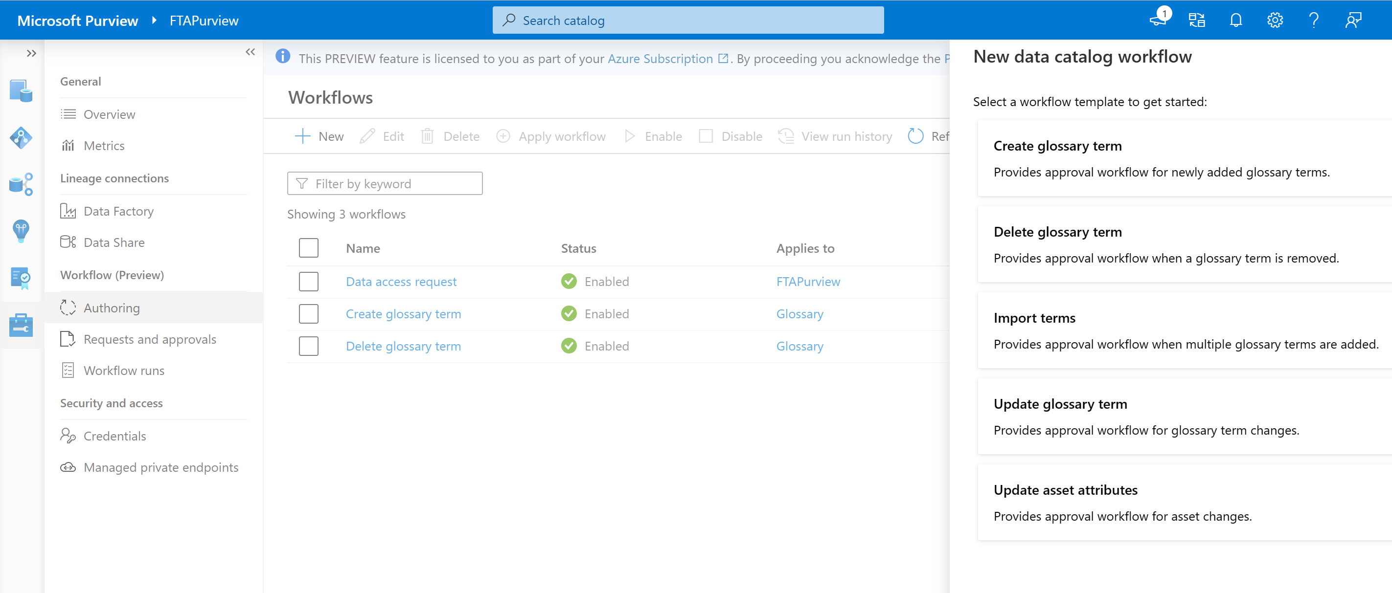 Screenshot che mostra il menu del nuovo flusso di lavoro del catalogo dati, che mostra le opzioni del modello, con il pulsante Continua selezionato.