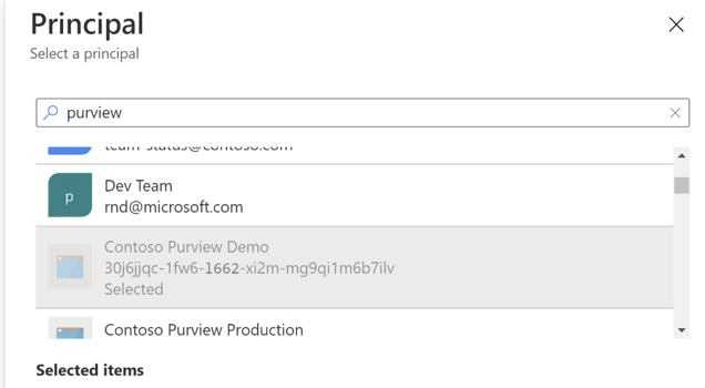 Screenshot della selezione dell'account Microsoft Purview come entità.