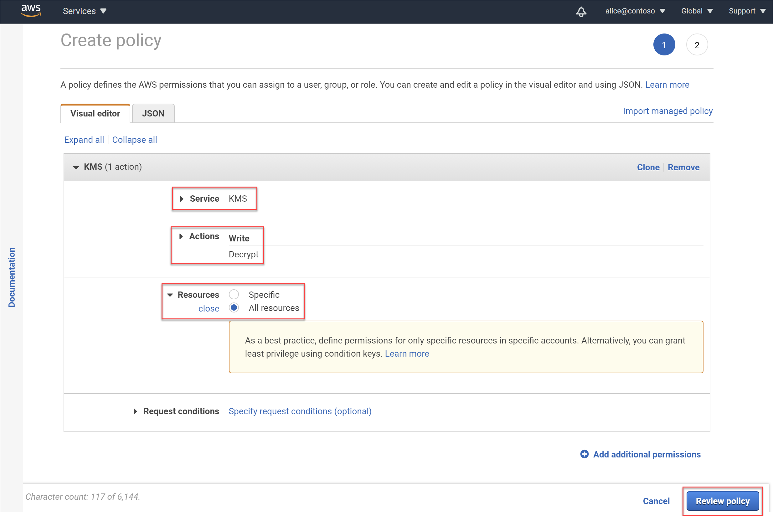 Creare un criterio per l'analisi di un bucket con la crittografia AWS-KMS.