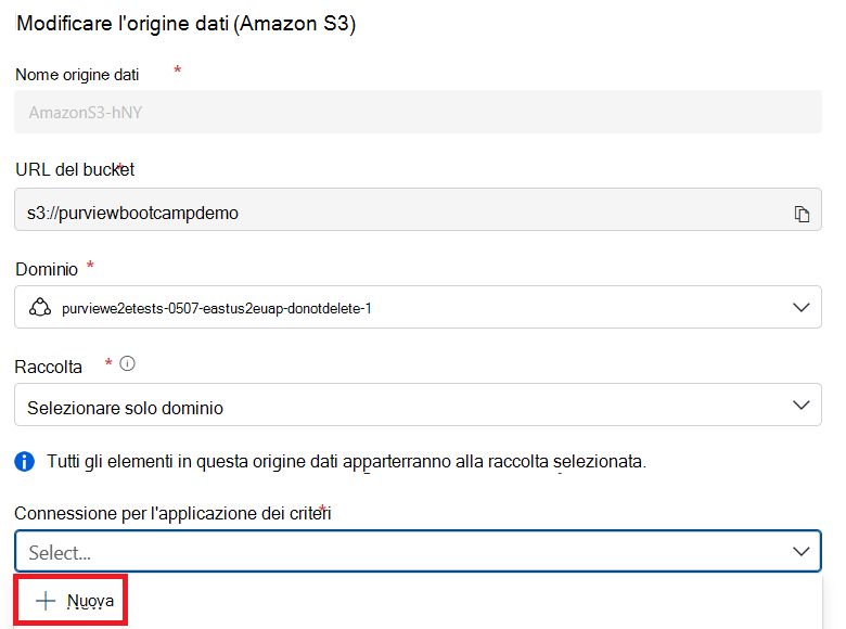 Screenshot of the Amazon edit data source page with the connection for policy enforcement selected, and the + New button highlighted.