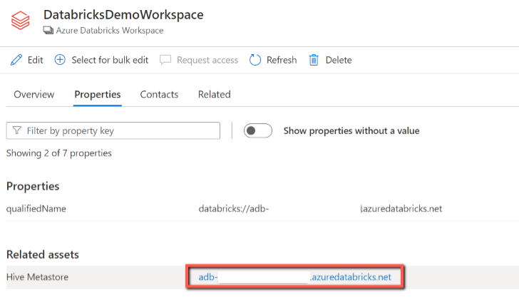 Screenshot della ricerca del metastore Hive associato con l'origine Azure Databricks.